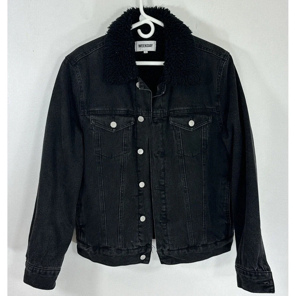 Men's Weekday  Black Sherpa Lined Trucker Jacket Size Small